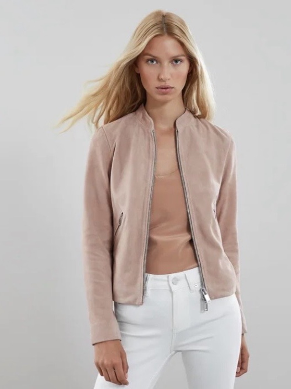Reiss taupe brown genuine suede zip up jacket size US2 NWT